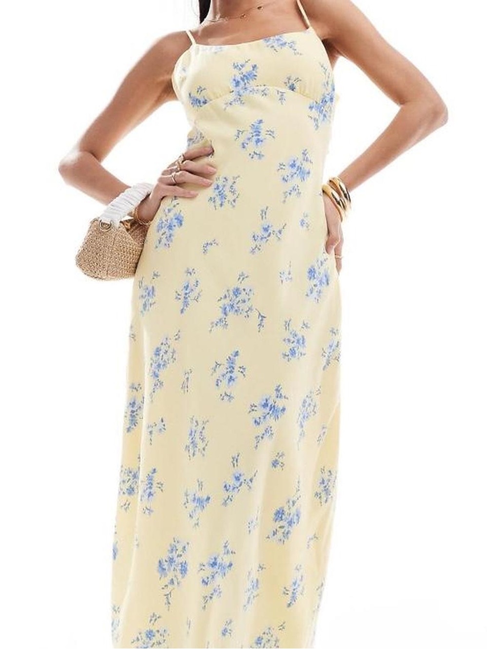 Hollister Yellow Maxi Slip Dress with Blue Floral Print